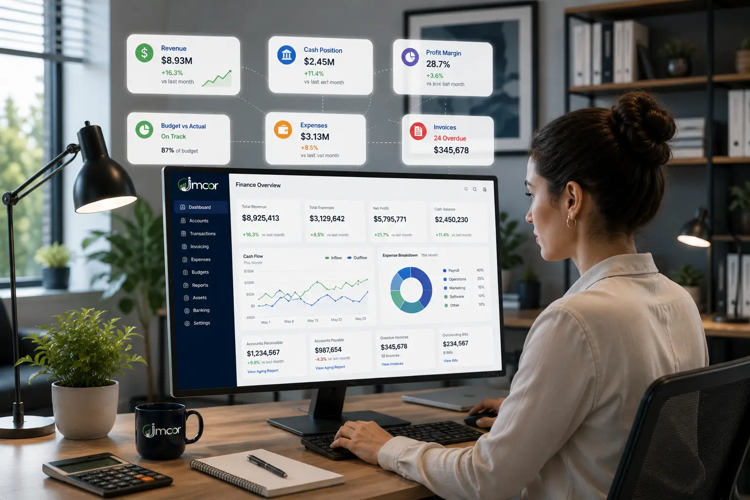 Jmoor finance dashboard showing revenue, profit, cash flow and expense breakdown