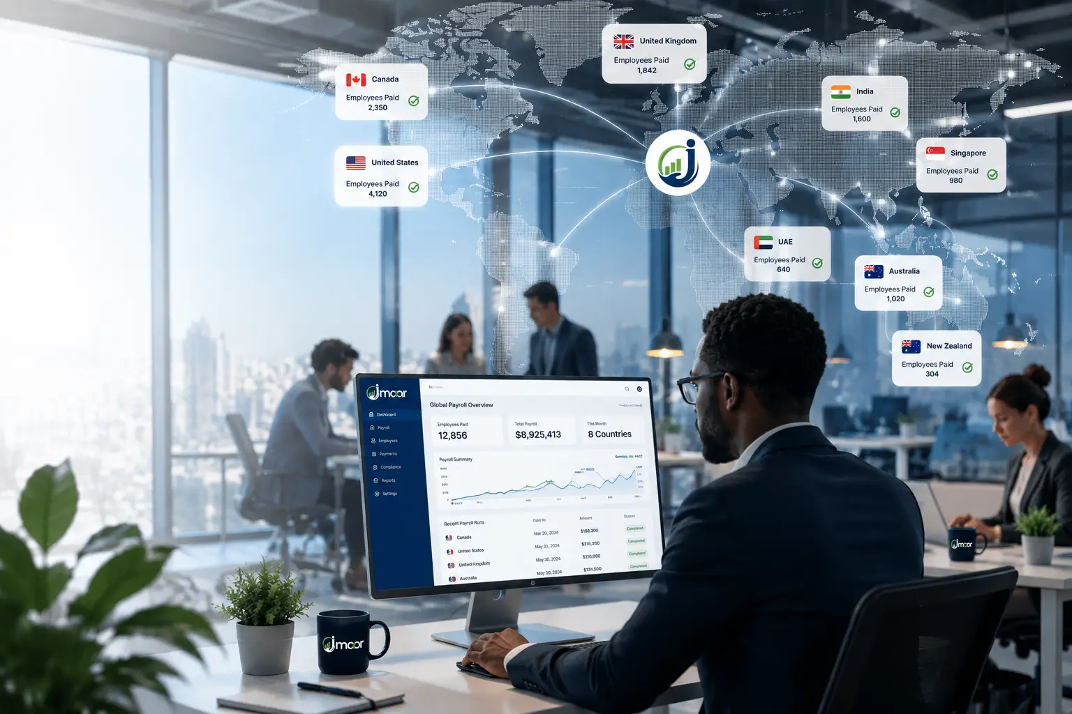 Jmoor payroll dashboard showing a completed multi-country payroll run with employees paid across eight jurisdictions