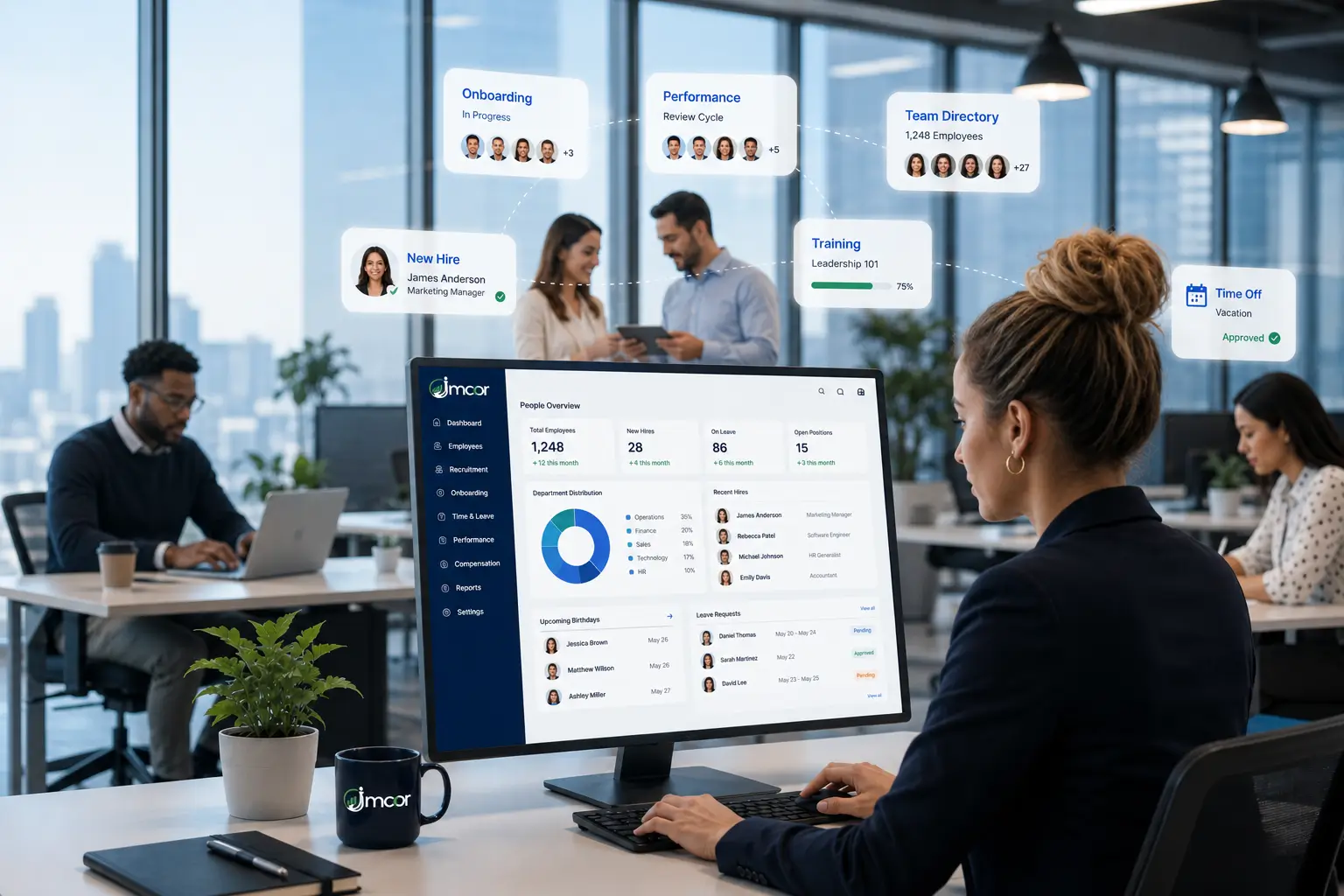 Jmoor people dashboard showing headcount, onboarding, performance and leave