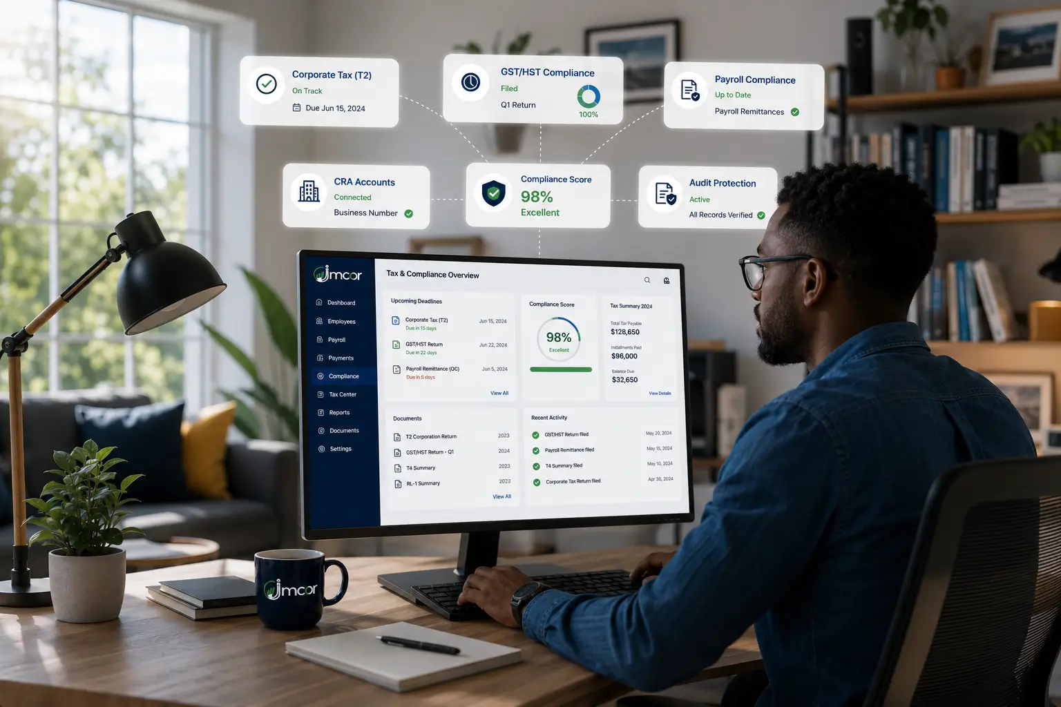 Jmoor tax and compliance dashboard showing corporate tax, GST/HST and a compliance score